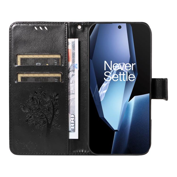 For OnePlus 13R Global Tree & Cat Embossed Pattern Flip Leather Phone Case