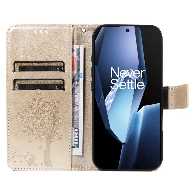 For OnePlus 13R Global Tree & Cat Embossed Pattern Flip Leather Phone Case