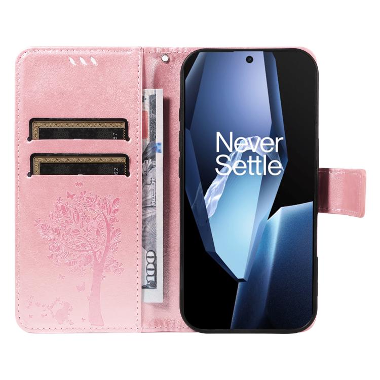 For OnePlus 13R Global Tree & Cat Embossed Pattern Flip Leather Phone Case