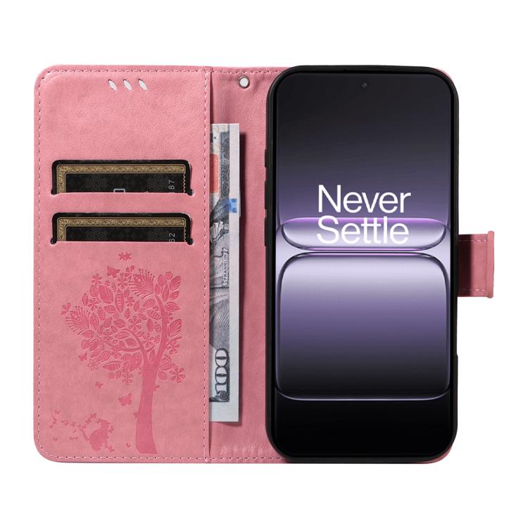 For OnePlus Ace 5 Ultra Tree & Cat Embossed Pattern Flip Leather Phone Case