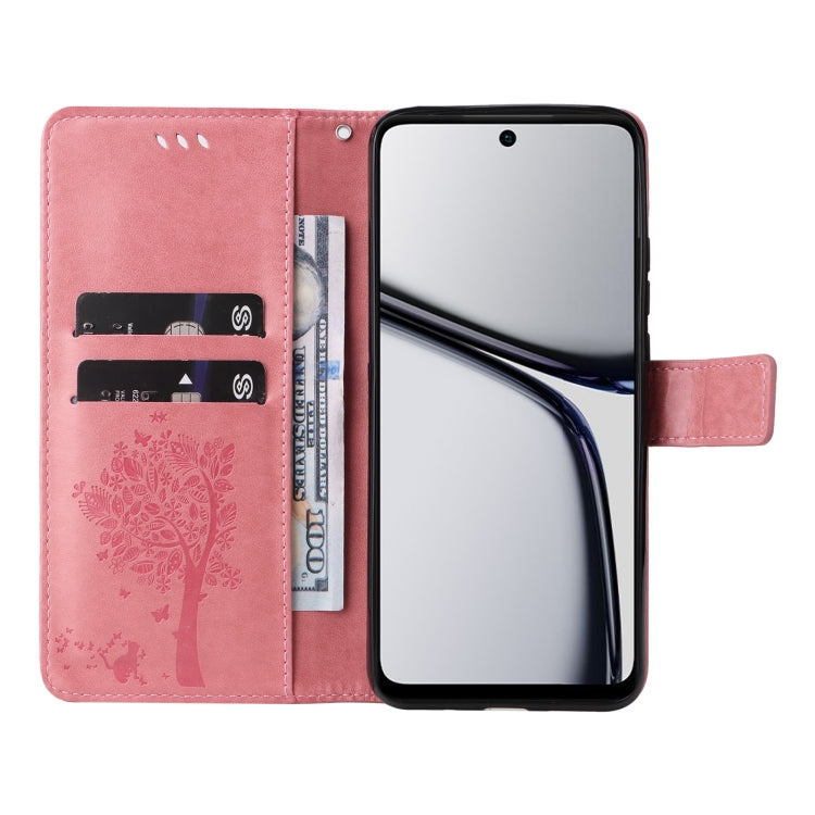 For Realme C65 4G Tree & Cat Embossed Pattern Flip Leather Phone Case
