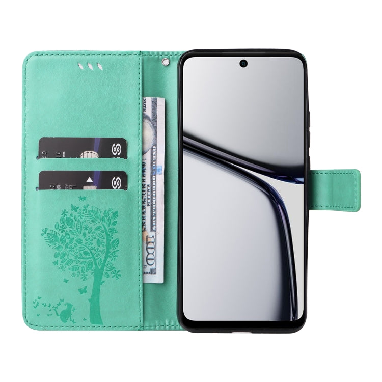 For Realme C65 4G Tree & Cat Embossed Pattern Flip Leather Phone Case