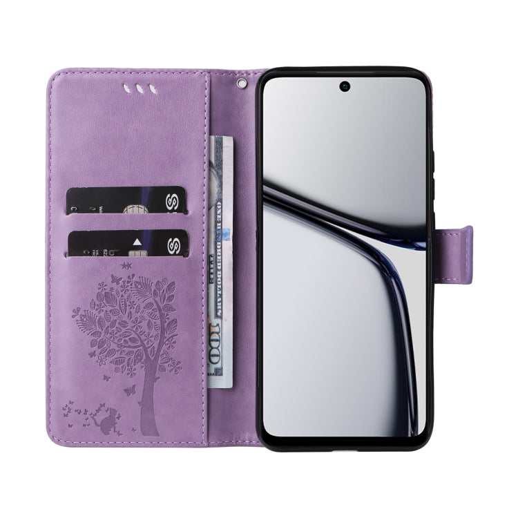For Realme C65 4G Tree & Cat Embossed Pattern Flip Leather Phone Case