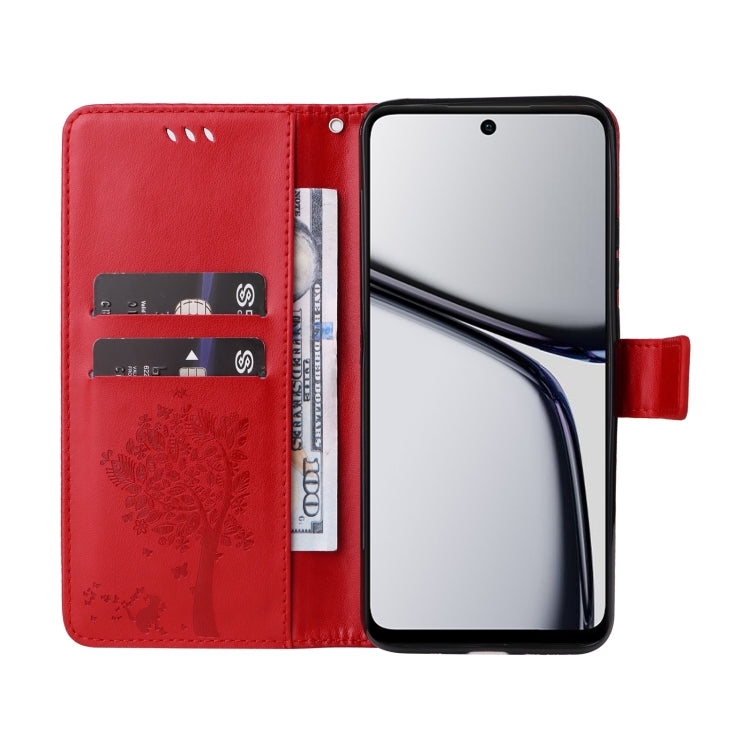 For Realme C65 4G Tree & Cat Embossed Pattern Flip Leather Phone Case