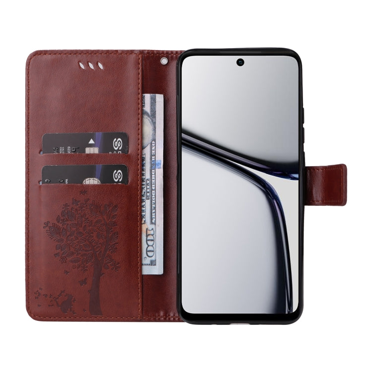 For Realme C65 4G Tree & Cat Embossed Pattern Flip Leather Phone Case