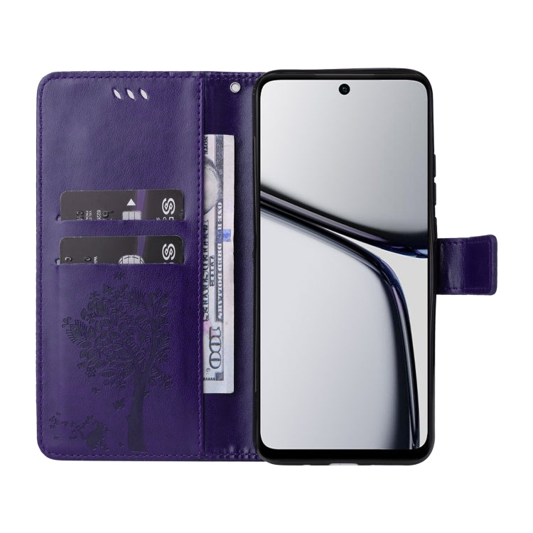 For Realme C65 4G Tree & Cat Embossed Pattern Flip Leather Phone Case