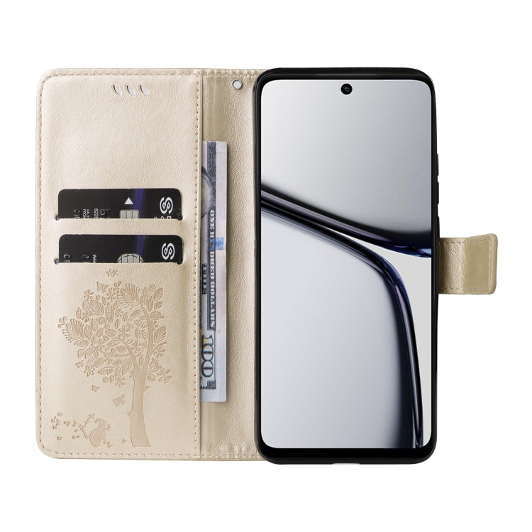 For Realme C65 4G Tree & Cat Embossed Pattern Flip Leather Phone Case