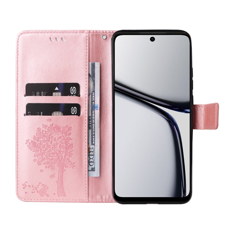 For Realme C65 4G Tree & Cat Embossed Pattern Flip Leather Phone Case