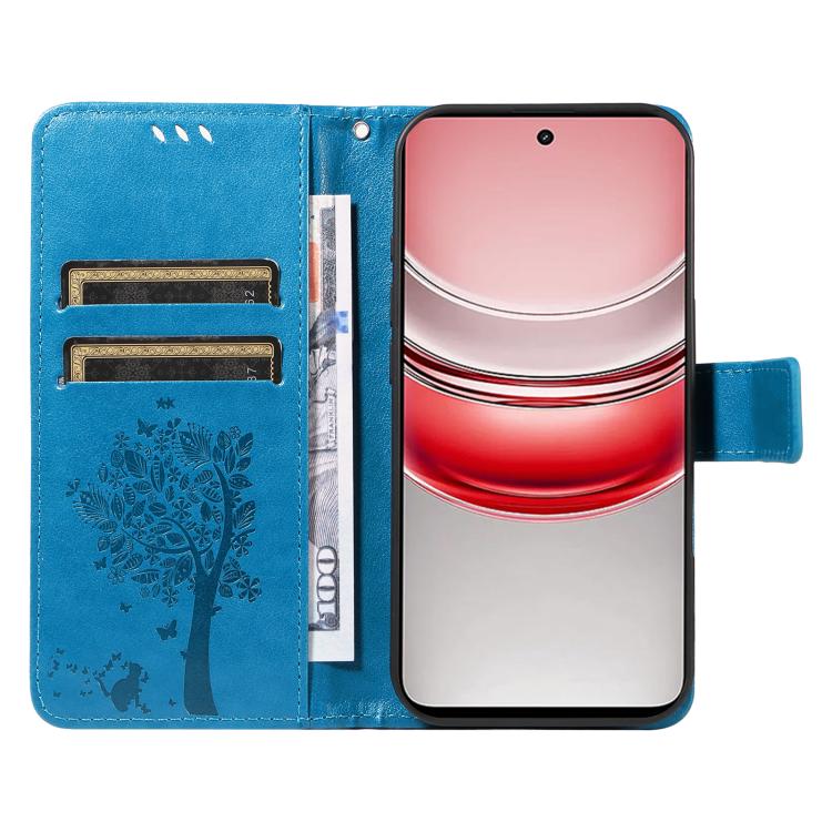 For Realme 14x 5G Global Tree & Cat Embossed Pattern Flip Leather Phone Case