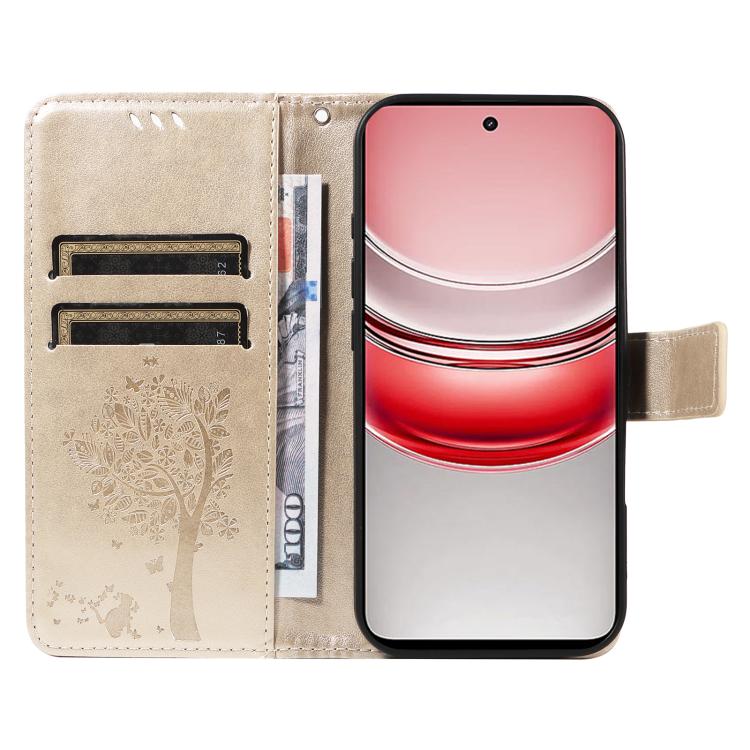 For Realme 14x 5G Global Tree & Cat Embossed Pattern Flip Leather Phone Case