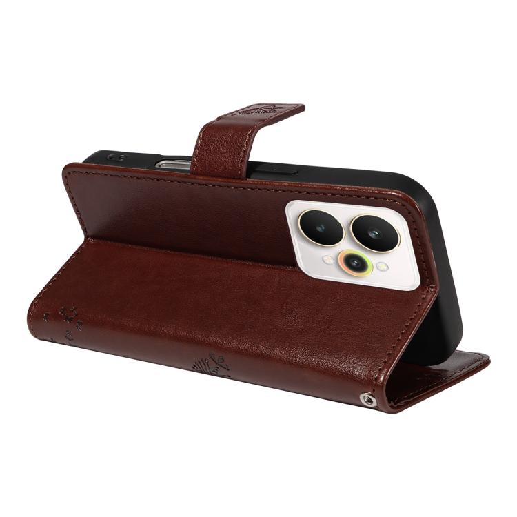 For Realme 15 5G Tree & Cat Embossed Pattern Flip Leather Phone Case