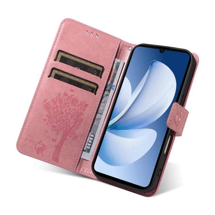 For Realme C71 4G India Tree & Cat Embossed Pattern Flip Leather Phone Case