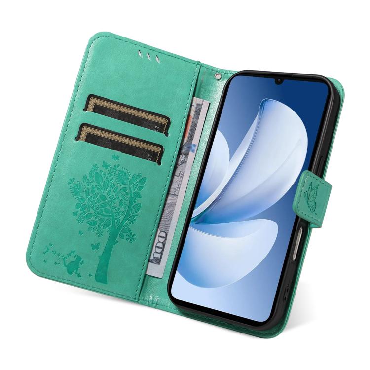For Realme C71 4G India Tree & Cat Embossed Pattern Flip Leather Phone Case