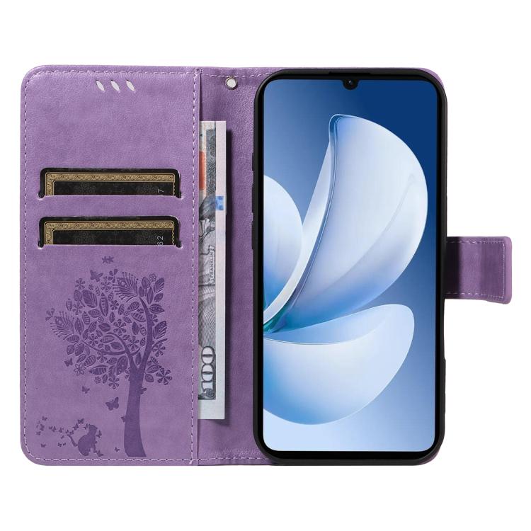 For Realme C71 4G India Tree & Cat Embossed Pattern Flip Leather Phone Case