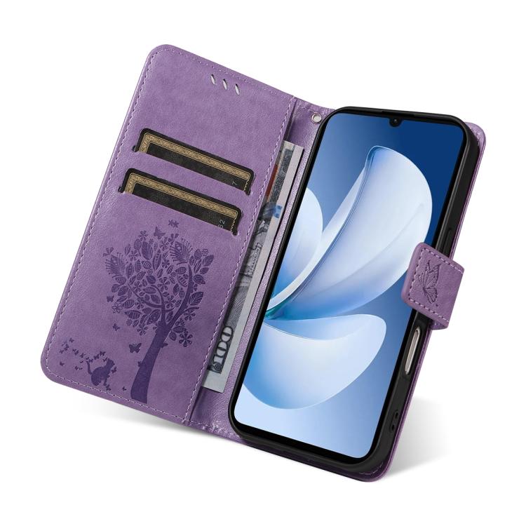 For Realme C71 4G India Tree & Cat Embossed Pattern Flip Leather Phone Case