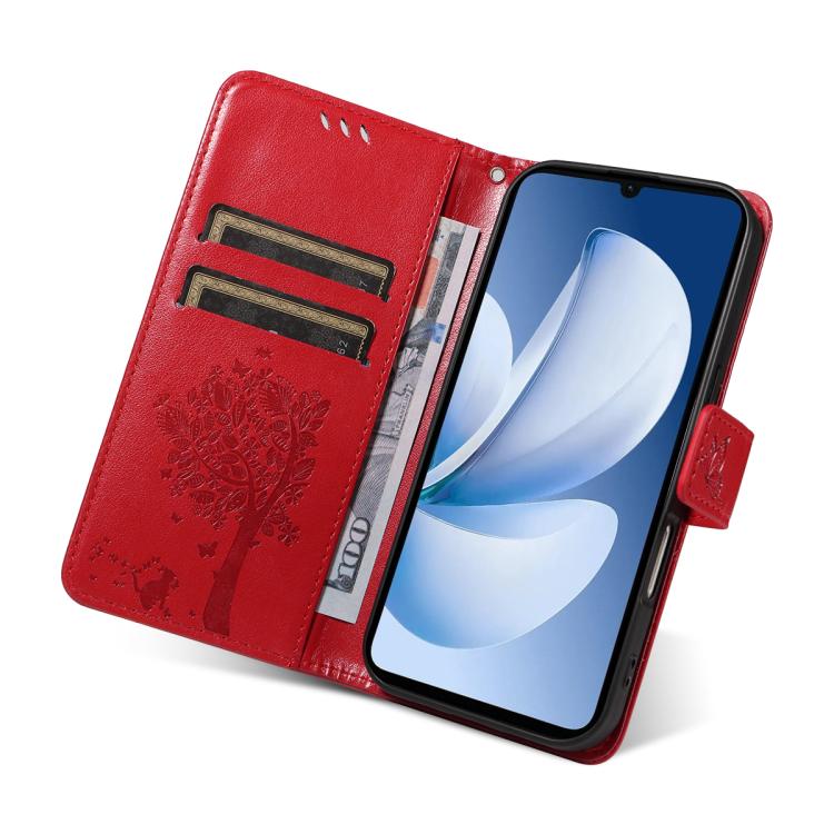 For Realme C71 4G India Tree & Cat Embossed Pattern Flip Leather Phone Case