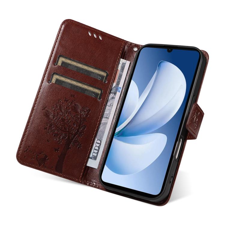 For Realme C71 4G India Tree & Cat Embossed Pattern Flip Leather Phone Case