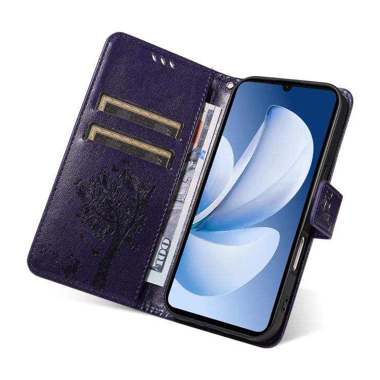 For Realme C71 4G India Tree & Cat Embossed Pattern Flip Leather Phone Case
