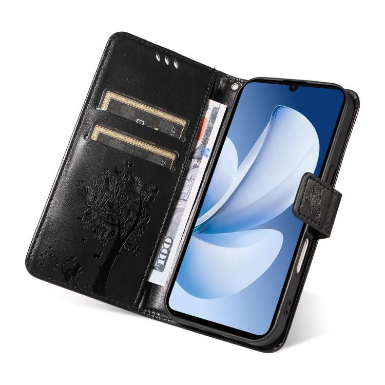 For Realme C71 4G India Tree & Cat Embossed Pattern Flip Leather Phone Case