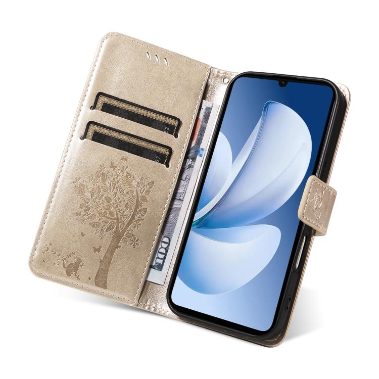 For Realme C71 4G India Tree & Cat Embossed Pattern Flip Leather Phone Case