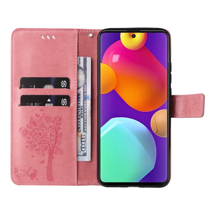 For Samsung Galaxy M62 / F62 Tree & Cat Embossed Pattern Flip Leather Phone Case