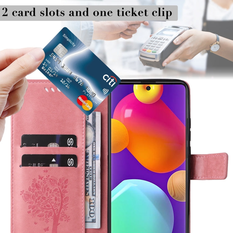 For Samsung Galaxy M62 / F62 Tree & Cat Embossed Pattern Flip Leather Phone Case