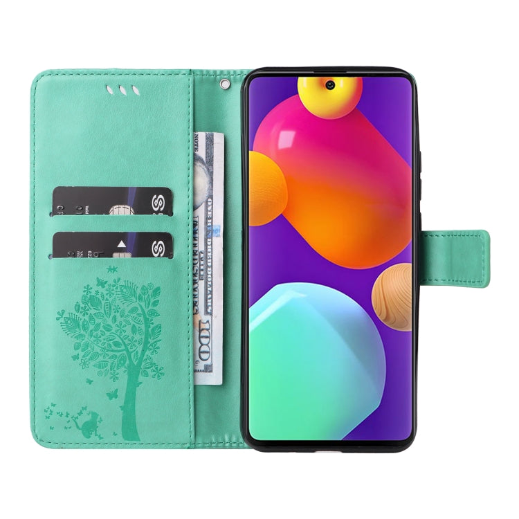 For Samsung Galaxy M62 / F62 Tree & Cat Embossed Pattern Flip Leather Phone Case