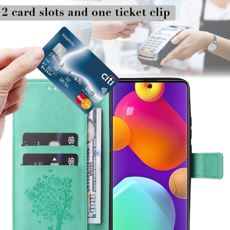 For Samsung Galaxy M62 / F62 Tree & Cat Embossed Pattern Flip Leather Phone Case