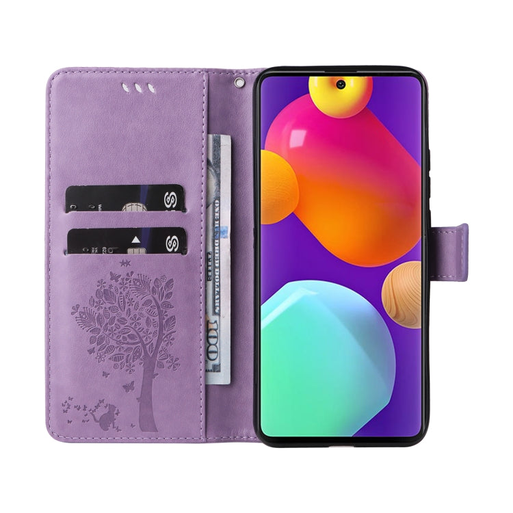 For Samsung Galaxy M62 / F62 Tree & Cat Embossed Pattern Flip Leather Phone Case