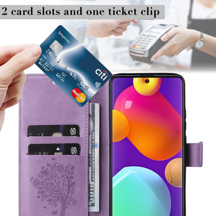 For Samsung Galaxy M62 / F62 Tree & Cat Embossed Pattern Flip Leather Phone Case