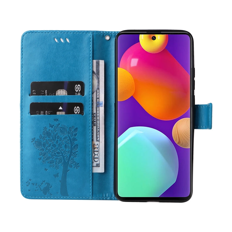 For Samsung Galaxy M62 / F62 Tree & Cat Embossed Pattern Flip Leather Phone Case