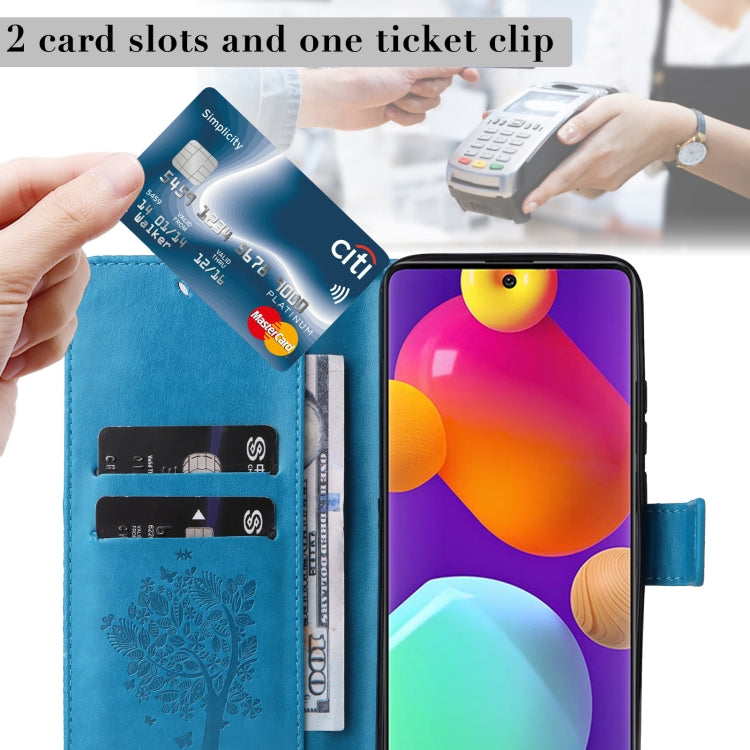 For Samsung Galaxy M62 / F62 Tree & Cat Embossed Pattern Flip Leather Phone Case
