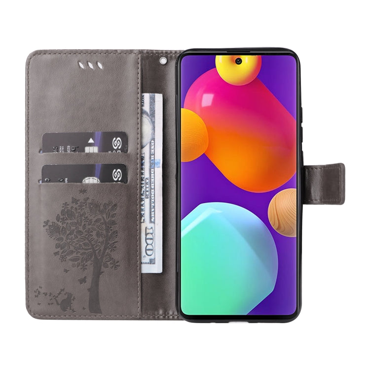 For Samsung Galaxy M62 / F62 Tree & Cat Embossed Pattern Flip Leather Phone Case