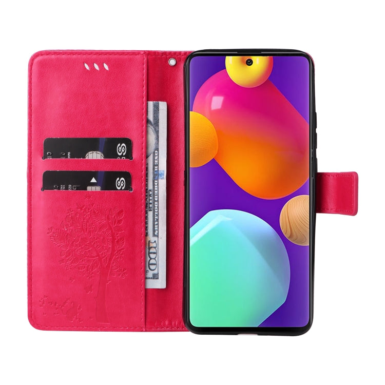For Samsung Galaxy M62 / F62 Tree & Cat Embossed Pattern Flip Leather Phone Case