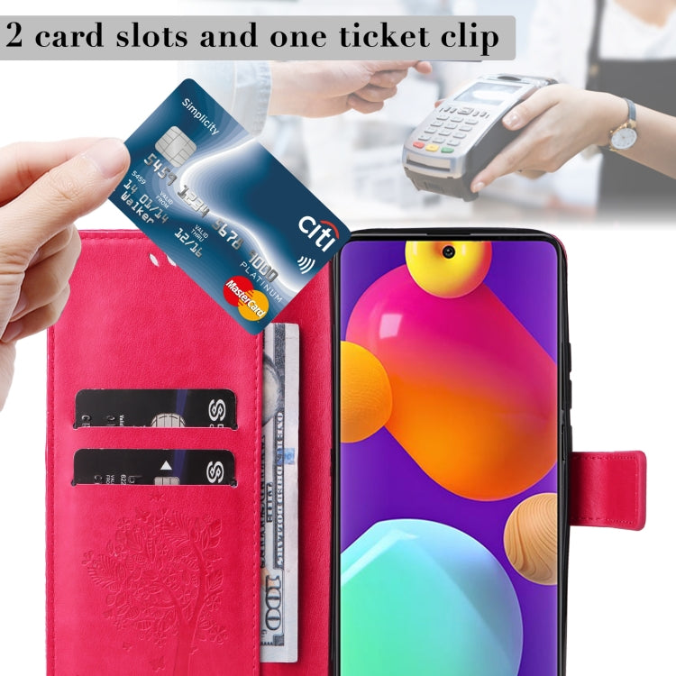 For Samsung Galaxy M62 / F62 Tree & Cat Embossed Pattern Flip Leather Phone Case