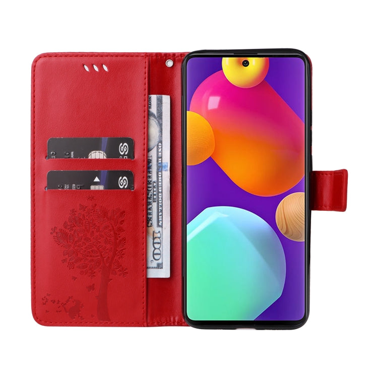 For Samsung Galaxy M62 / F62 Tree & Cat Embossed Pattern Flip Leather Phone Case