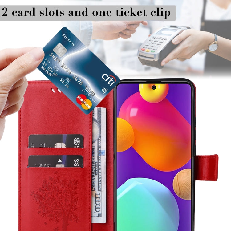 For Samsung Galaxy M62 / F62 Tree & Cat Embossed Pattern Flip Leather Phone Case
