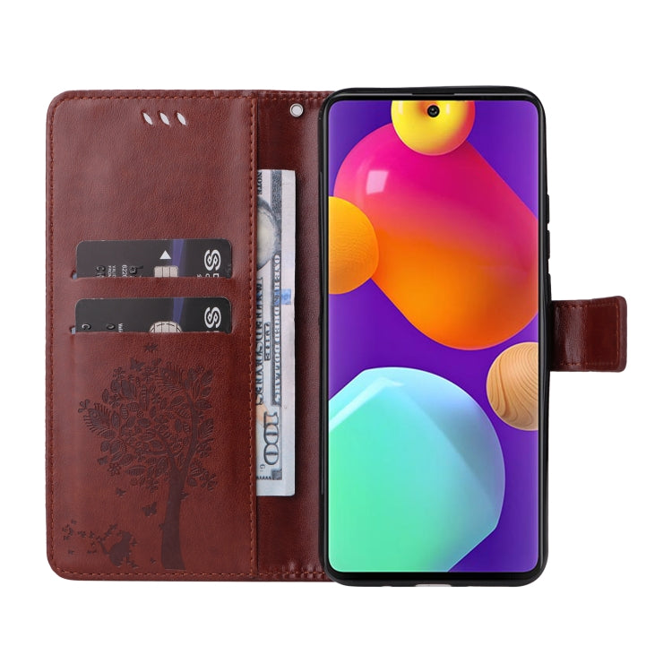 For Samsung Galaxy M62 / F62 Tree & Cat Embossed Pattern Flip Leather Phone Case