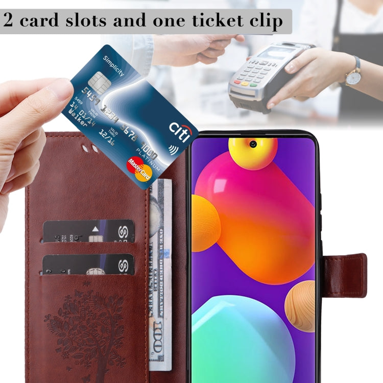 For Samsung Galaxy M62 / F62 Tree & Cat Embossed Pattern Flip Leather Phone Case