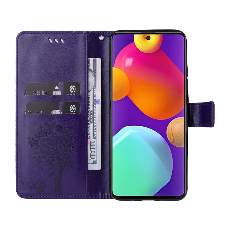 For Samsung Galaxy M62 / F62 Tree & Cat Embossed Pattern Flip Leather Phone Case