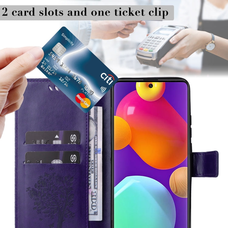 For Samsung Galaxy M62 / F62 Tree & Cat Embossed Pattern Flip Leather Phone Case