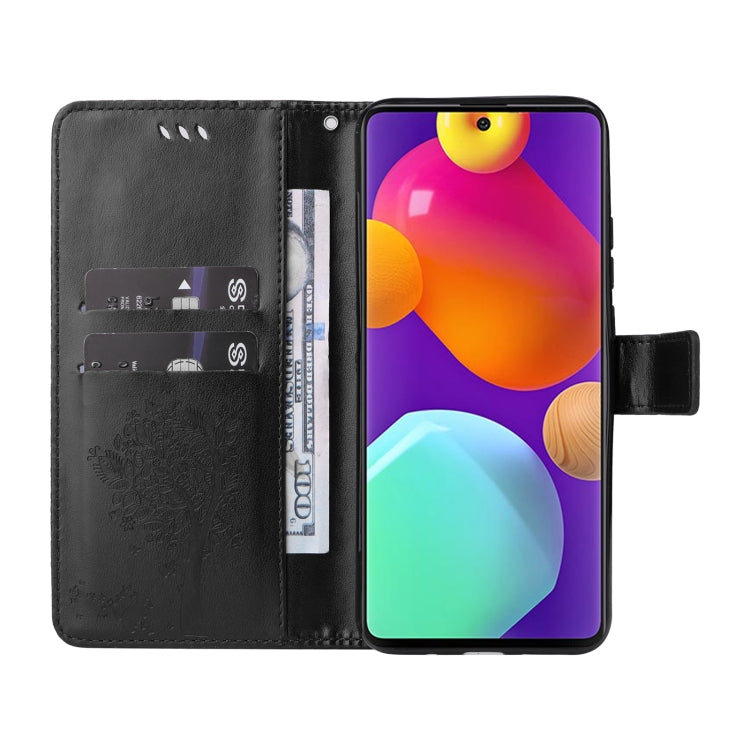 For Samsung Galaxy M62 / F62 Tree & Cat Embossed Pattern Flip Leather Phone Case