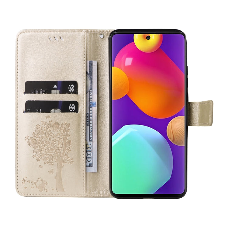 For Samsung Galaxy M62 / F62 Tree & Cat Embossed Pattern Flip Leather Phone Case