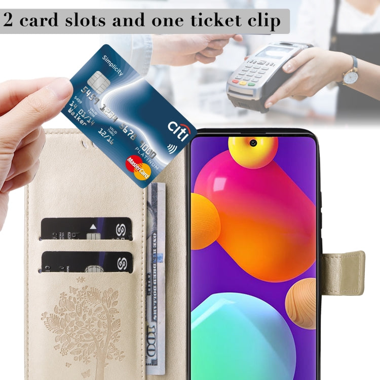 For Samsung Galaxy M62 / F62 Tree & Cat Embossed Pattern Flip Leather Phone Case