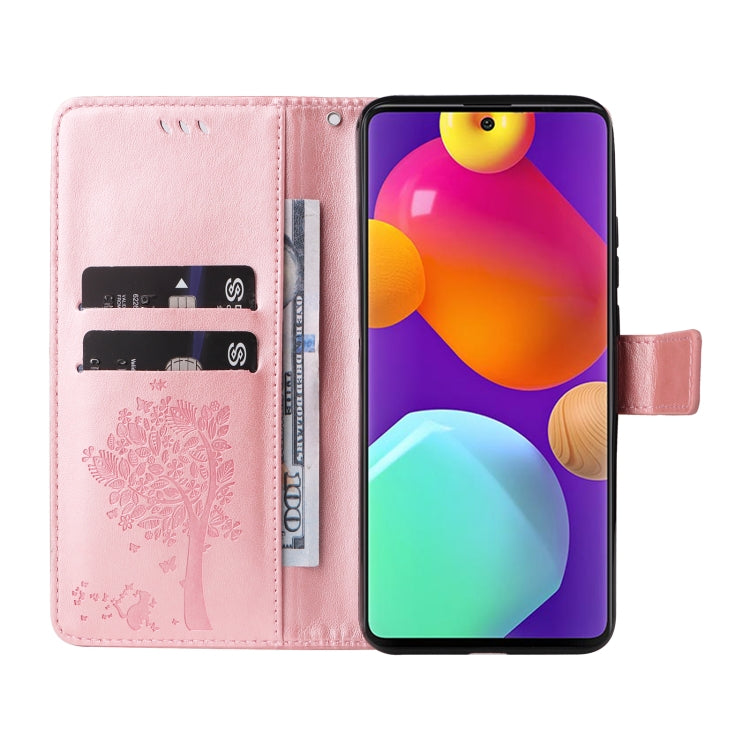 For Samsung Galaxy M62 / F62 Tree & Cat Embossed Pattern Flip Leather Phone Case