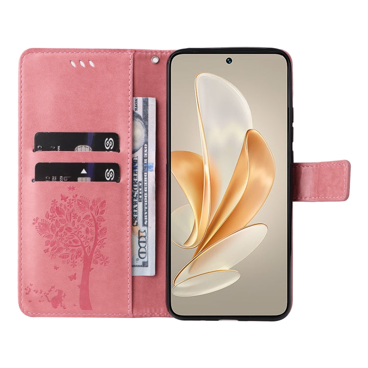 For vivo V29e Global / Y200 5G Global Tree & Cat Embossed Pattern Flip Leather Phone Case