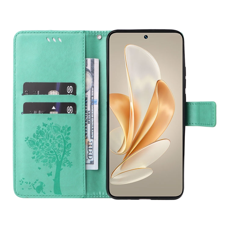 For vivo V29e Global / Y200 5G Global Tree & Cat Embossed Pattern Flip Leather Phone Case