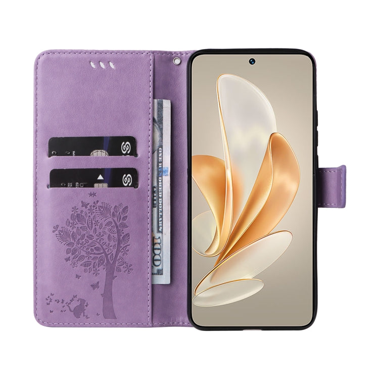 For vivo V29e Global / Y200 5G Global Tree & Cat Embossed Pattern Flip Leather Phone Case