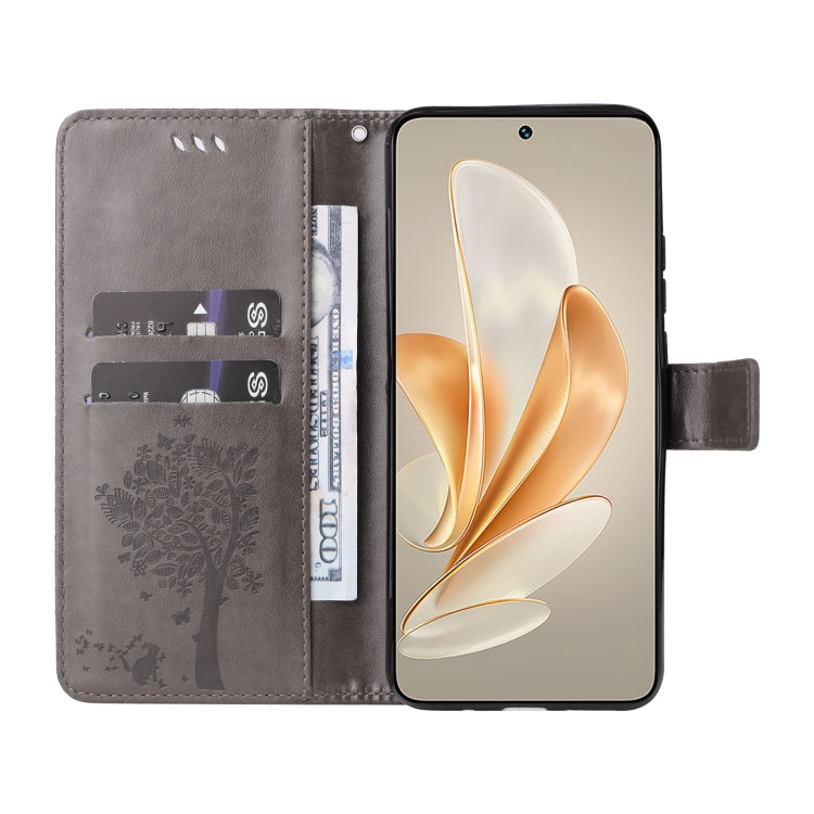 For vivo V29e Global / Y200 5G Global Tree & Cat Embossed Pattern Flip Leather Phone Case