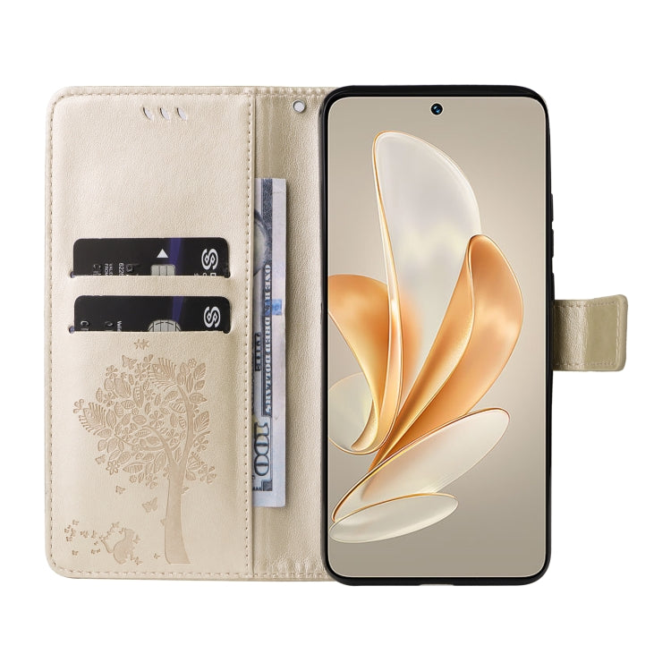 For vivo V29e Global / Y200 5G Global Tree & Cat Embossed Pattern Flip Leather Phone Case